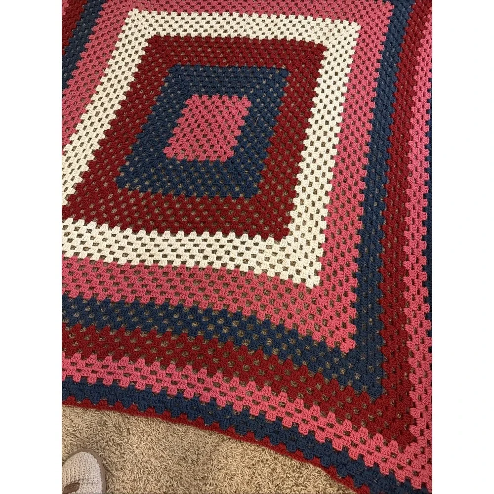 Handmade Crocheted Granny Square Pink Wine Navy Cottage Afghan Blanket 79